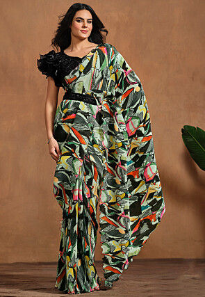 Pre Stitched Satin Silk Saree in Light Green