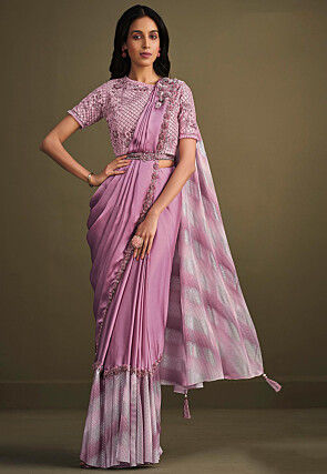Pre Stitched Satin Silk Saree in Light Purple