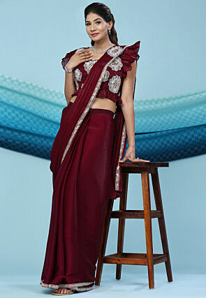 Pre Stitched Satin Silk Saree in Maroon