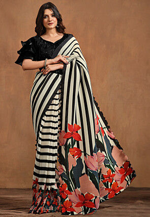 Pre Stitched Satin Silk Saree in Off White and Black