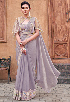Pre Stitched Satin Silk Saree in Purple