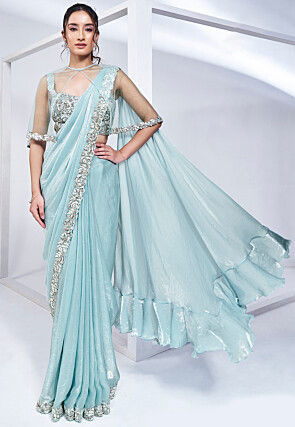 Pre Stitched Satin Silk Saree in Sky Blue