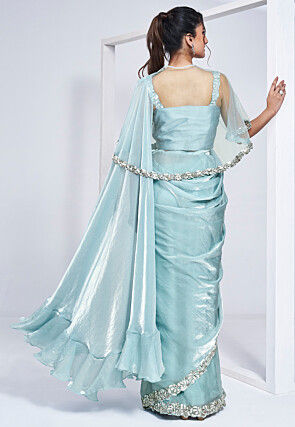 Pre Stitched Satin Silk Saree in Sky Blue