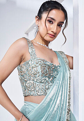 Pre Stitched Satin Silk Saree in Sky Blue