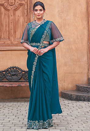 Pre Stitched Satin Silk Saree in Teal Blue