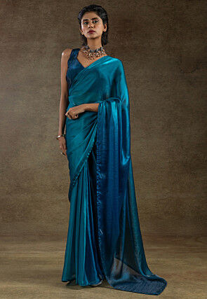 Pre Stitched Satin Silk Saree in Teal Blue