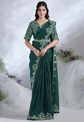 Pre Stitched Satin Silk Saree in Teal Green