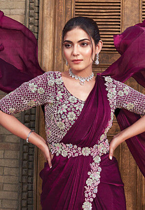 Pre Stitched Satin Silk Saree in Wine