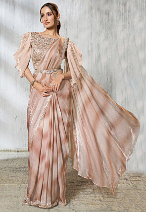 Pre Stitched Satin Silk Scalloped Saree in Beige