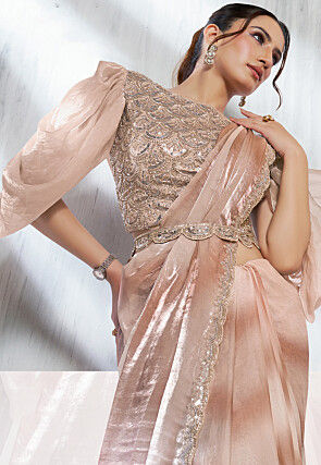 Pre Stitched Satin Silk Scalloped Saree in Beige