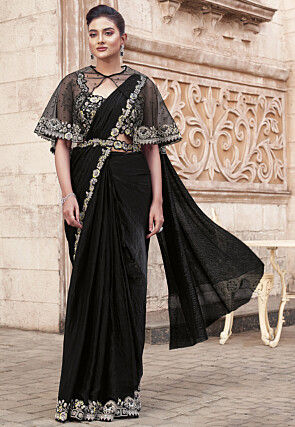 Pre Stitched Satin Silk Scalloped Saree in Black