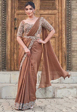 Pre Stitched Satin Silk Scalloped Saree in Brown