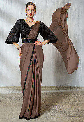 Pre Stitched Satin Silk Scalloped Saree in Brown