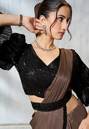 Pre Stitched Satin Silk Scalloped Saree in Brown