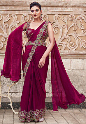 Pre Stitched Satin Silk Scalloped Saree in Magenta