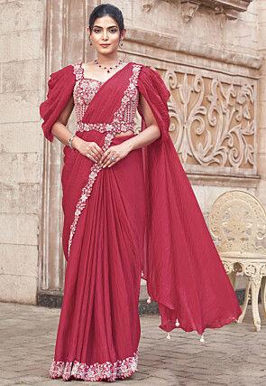 Pre Stitched Satin Silk Scalloped Saree in Pink