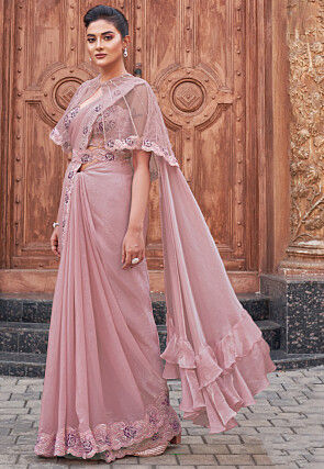 Pre Stitched Satin Silk Scalloped Saree in Pink