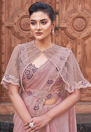 Pre Stitched Satin Silk Scalloped Saree in Pink