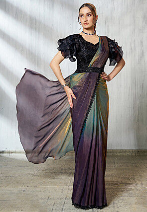 Pre Stitched Satin Silk Scalloped Saree in Purple and Dusty Green