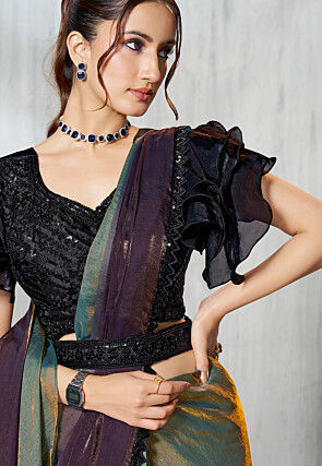 Pre Stitched Satin Silk Scalloped Saree in Purple and Dusty Green