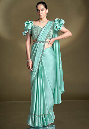 Pre Stitched Satin Silk Scalloped Saree in Sea Green
