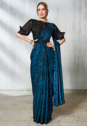 Pre Stitched Satin Silk Scalloped Saree in Teal Blue