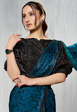 Pre Stitched Satin Silk Scalloped Saree in Teal Blue