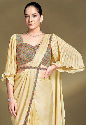 Pre Stitched Satin Silk Scalloped Saree in Yellow