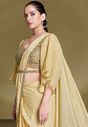 Pre Stitched Satin Silk Scalloped Saree in Yellow