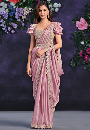 Pre Stitched Satin Silk Scalloped Sari in Pink