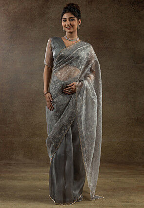 Pre Stitched Tissue Silk Saree in Grey