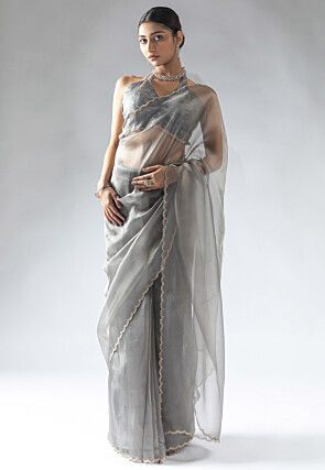 Pre Stitched Tissue Silk Saree in Grey
