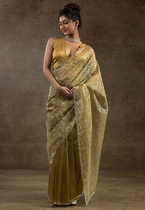 Pre Stitched Tissue Silk Saree in Mustard