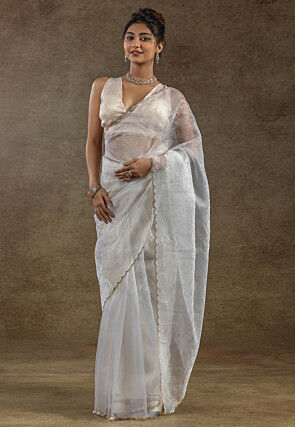 Pre Stitched Tissue Silk Saree in Off White