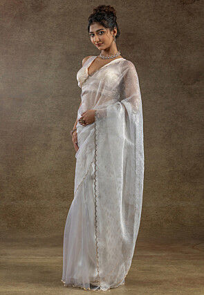 Pre Stitched Tissue Silk Saree in Off White
