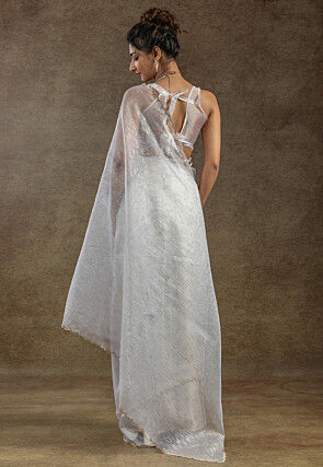 Pre Stitched Tissue Silk Saree in Off White