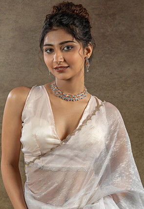 Pre Stitched Tissue Silk Saree in Off White