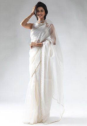 Pre Stitched Tissue Silk Saree in Off White