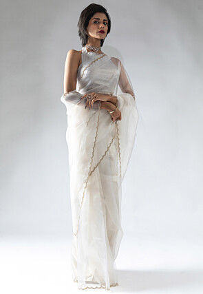 Pre Stitched Tissue Silk Saree in Off White