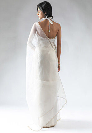 Pre Stitched Tissue Silk Saree in Off White