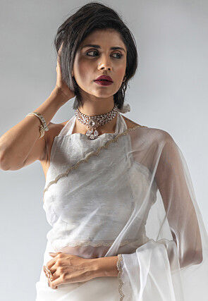 Pre Stitched Tissue Silk Saree in Off White