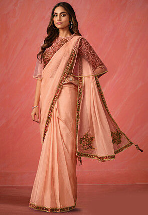 Pre Stitched Tissue Silk Saree in Peach