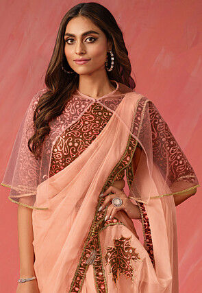 Pre Stitched Tissue Silk Saree in Peach