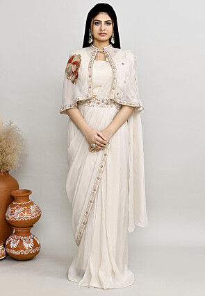 Pre Stitched Viscose Georgette Saree in Off White