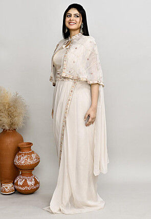 Pre Stitched Viscose Georgette Saree in Off White