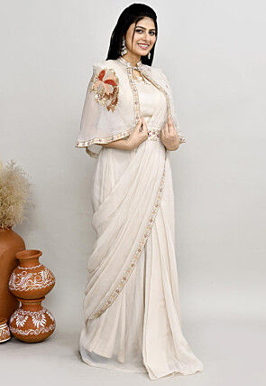 Pre Stitched Viscose Georgette Saree in Off White