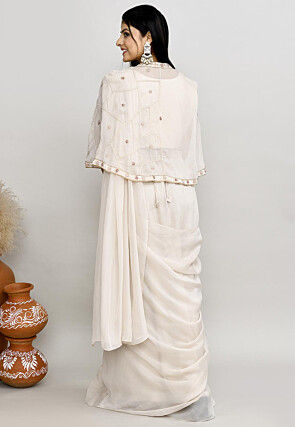 Pre Stitched Viscose Georgette Saree in Off White