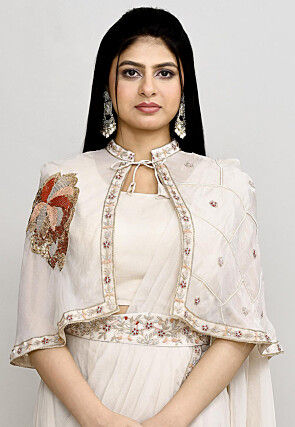 Pre Stitched Viscose Georgette Saree in Off White