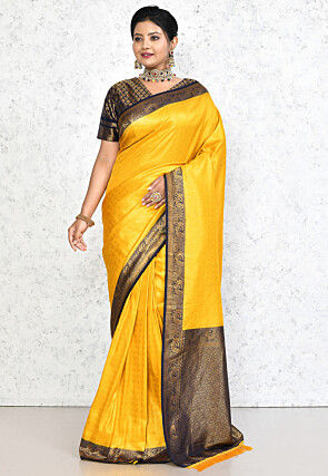 Pre-stitched Art Silk Jacquard Saree in Yellow