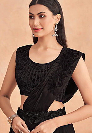 Pre Stitched Art Silk Lehenga Style Saree in Black